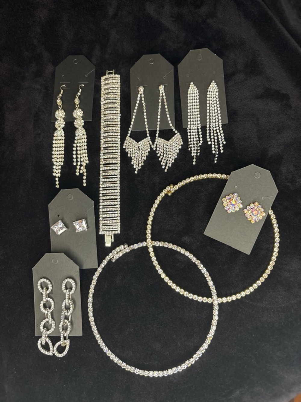 Rhinestone Jewelry Bundle 9-Piece Set OS Silver / AB Glam Pageant Bridal EUC
